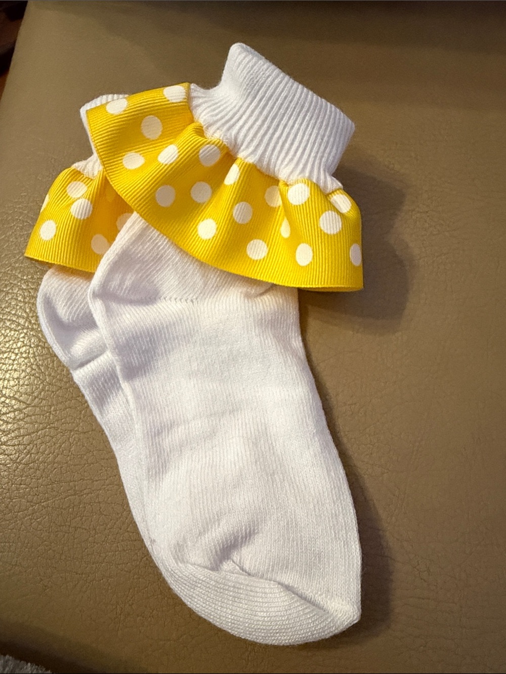 White Kids Ruffle Socks with Yellow Polka Dot Trim